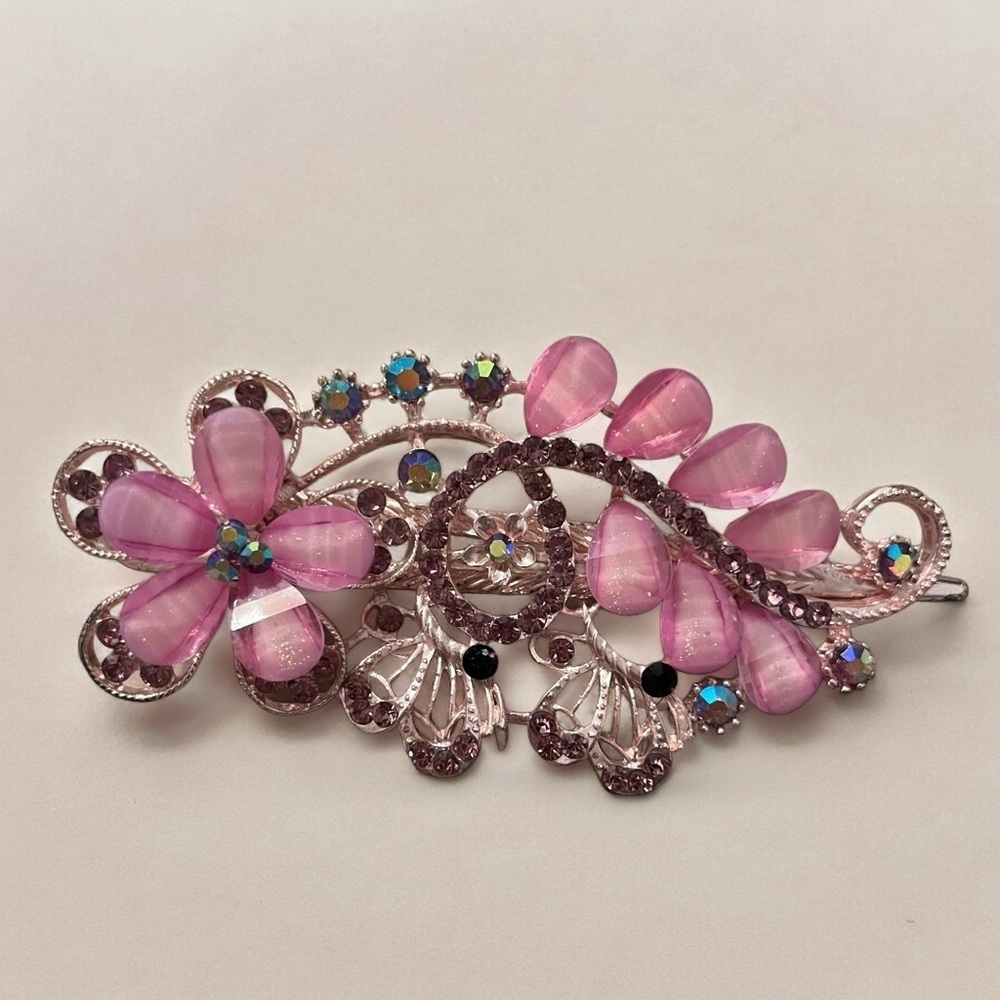 Elegant Women’s Vintage Pink Floral Crystal Hair Barrette Clip